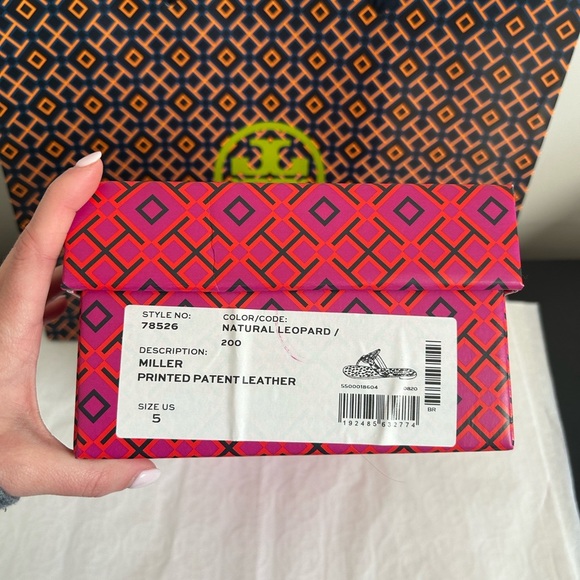 Tory Burch Miller Printed Patent Sandal Natural Leopard Size 5 Tan Brown Black - Picture 9 of 9